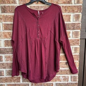 Free People Deep Red Button-Front Blouse